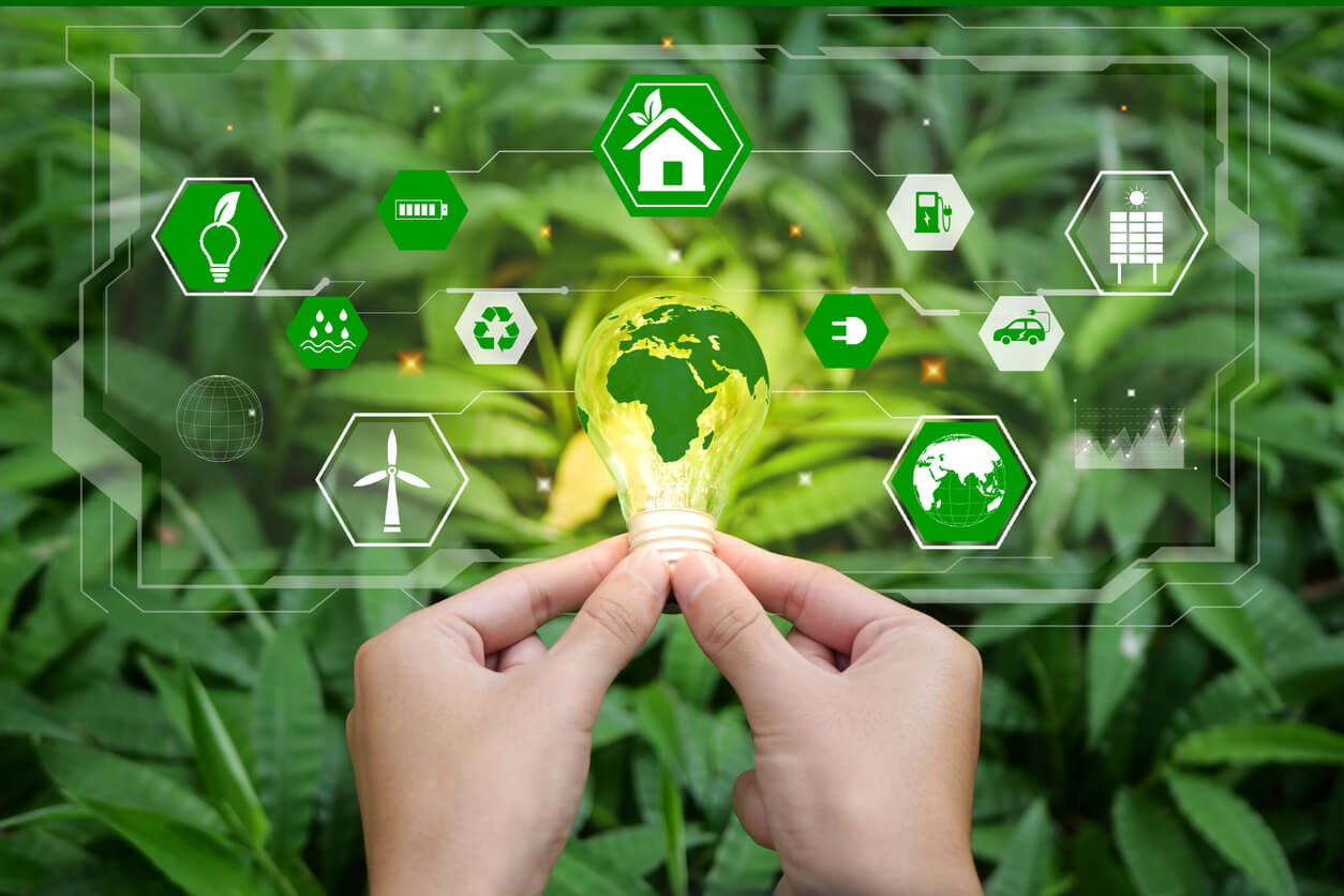 Ai image of two hands holding a light bulb with decortive graphics above greenery.